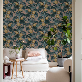 Tapet cu lămâi pe fundal roz, decor interior