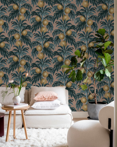 Tapet cu lămâi pe fundal roz, decor interior