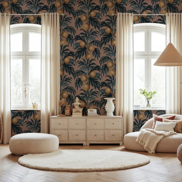Tapet cu lămâi pe fundal roz, decor interior