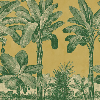 Tapet cu design tropical galben și verde în decor de interior.