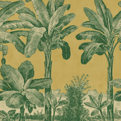Tapet cu design tropical galben și verde în decor de interior.