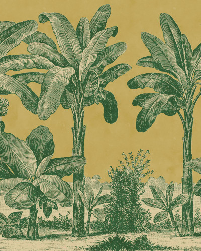 Tapet cu design tropical galben și verde în decor de interior.