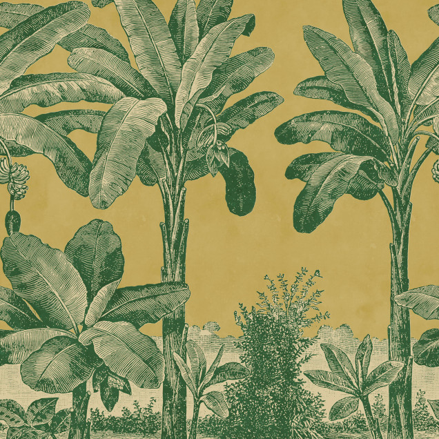 Tapet cu design tropical galben și verde în decor de interior.