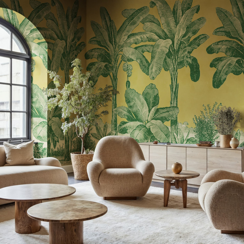 Fototapet cu design tropical vintage într-un living elegant