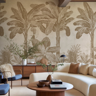 Fototapet cu design tropical vintage într-un living elegant