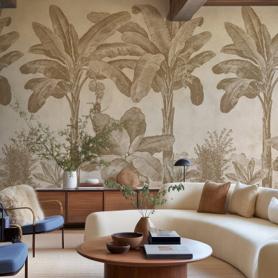 Fototapet cu design tropical vintage într-un living elegant
