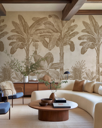 Fototapet cu design tropical vintage într-un living elegant