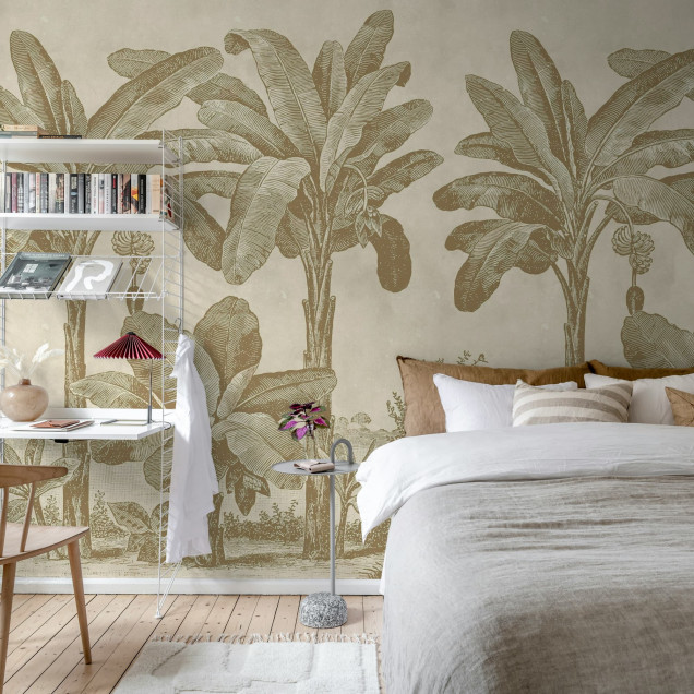Fototapet cu design tropical vintage într-un living elegant