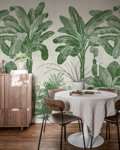 Fototapet cu model tropical verde, decor interior cu plante