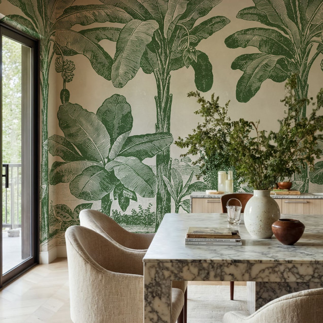 Fototapet cu model tropical verde, decor interior cu plante