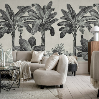 Tapet cu motiv tropical alb-negru în living modern