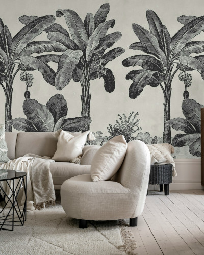Tapet cu motiv tropical alb-negru în living modern