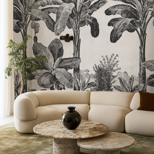 Tapet cu motiv tropical alb-negru în living modern