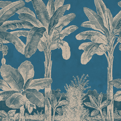 Tapet cu design tropical albastru într-o cameră de zi