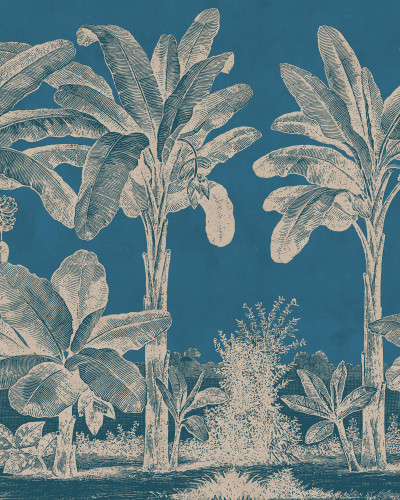Tapet cu design tropical albastru într-o cameră de zi
