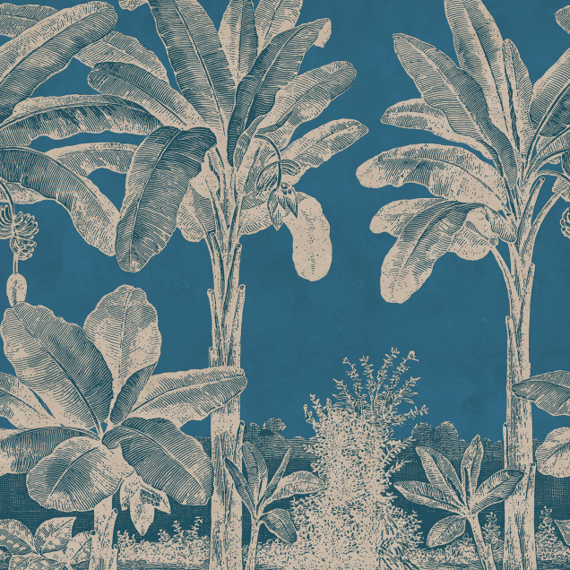Tapet cu design tropical albastru într-o cameră de zi