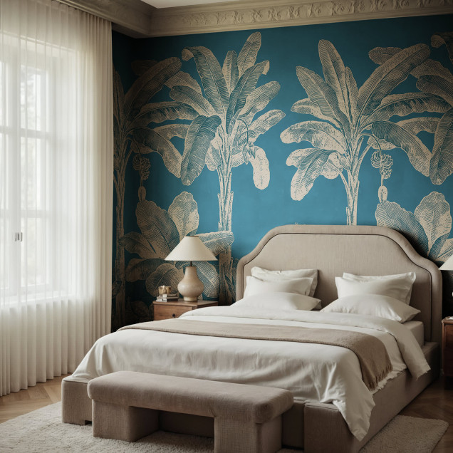 Tapet cu design tropical albastru într-o cameră de zi