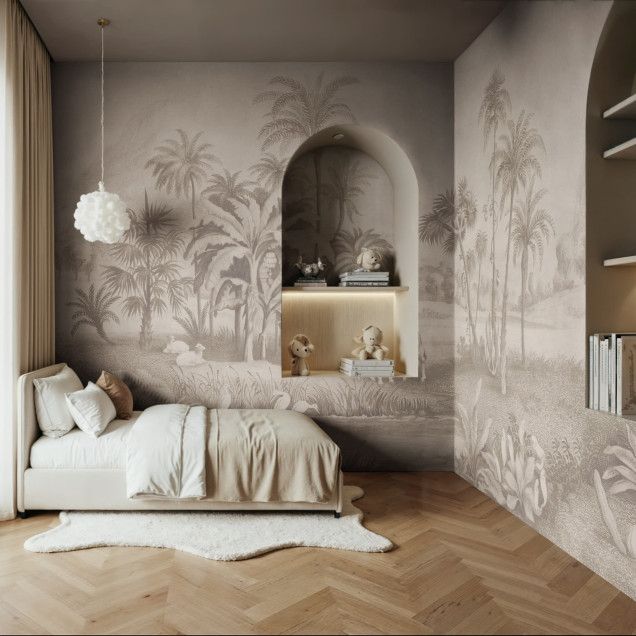 Living decorat cu fototapet cu savană și girafe