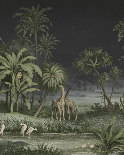 Fototapet cu savană și girafe într-un living modern