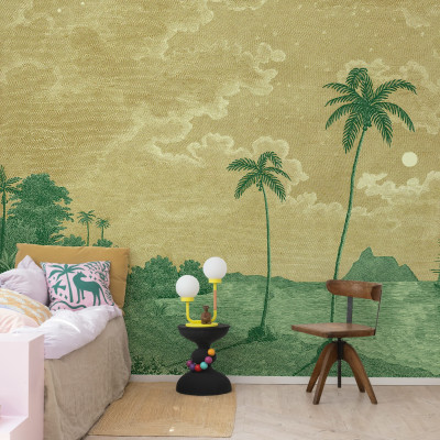 Tapet cu design tropical, palmieri și peisaj marin