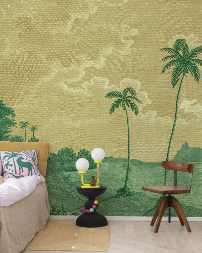 Tapet cu design tropical, palmieri și peisaj marin