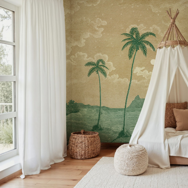 Tapet cu design tropical, palmieri și peisaj marin