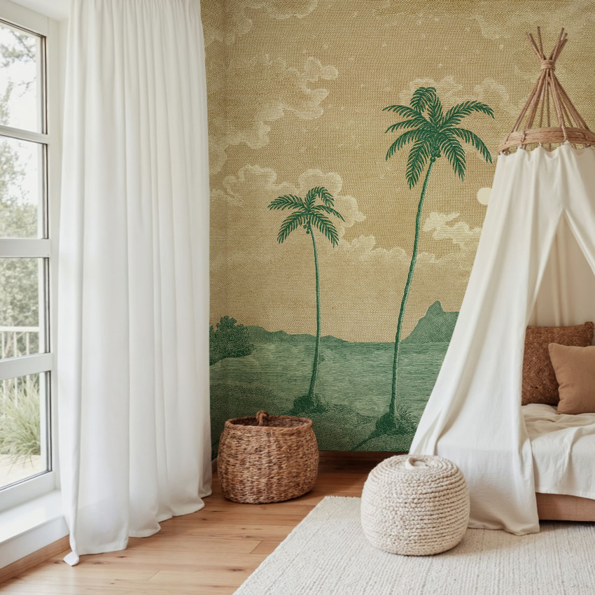 Tapet cu peisaj tropical vintage într-un living elegant
