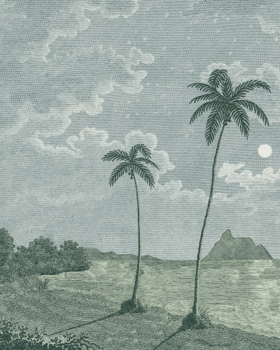 Cameră de copii cu fototapet tropical cu palmieri și mare.