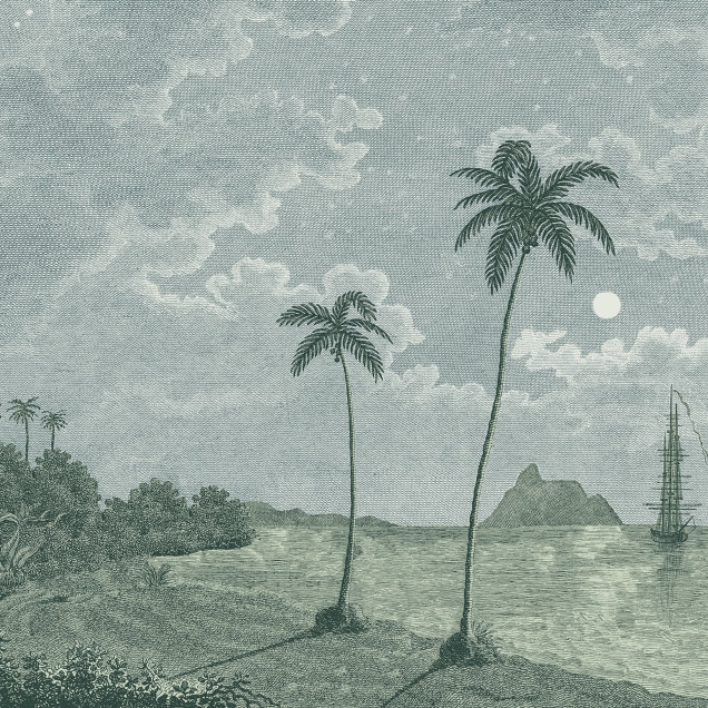 Cameră de copii cu fototapet tropical cu palmieri și mare.