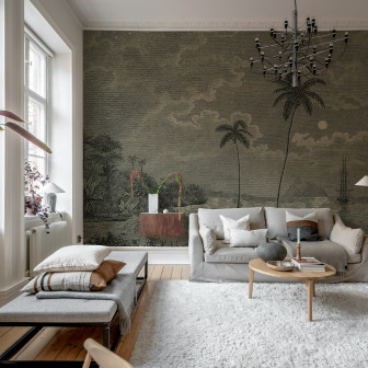 Tapet cu peisaj tropical vintage într-un living elegant