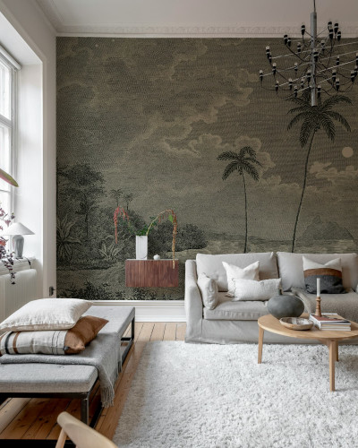 Tapet cu peisaj tropical vintage într-un living elegant
