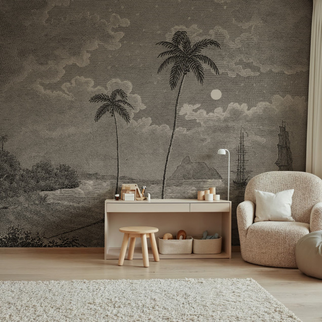 Tapet cu peisaj tropical vintage într-un living elegant