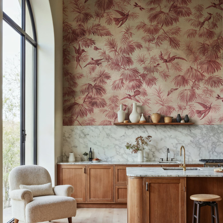 Tapet verde cu design tropical în living