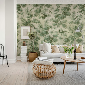 Tapet verde cu design tropical în living