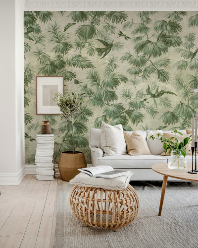 Tapet verde cu design tropical în living