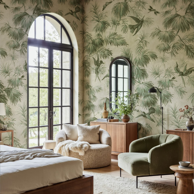 Tapet verde cu design tropical în living
