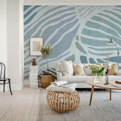 Tapet modern cu design abstract de frunze in nuante de albastru si gri, perfect pentru un living sau dormitor modern