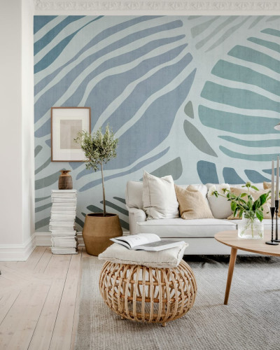 Tapet modern cu design abstract de frunze in nuante de albastru si gri, perfect pentru un living sau dormitor modern