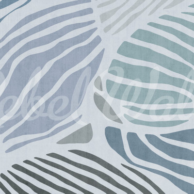 Tapet modern cu design abstract de frunze in nuante de albastru si gri, perfect pentru un living sau dormitor modern