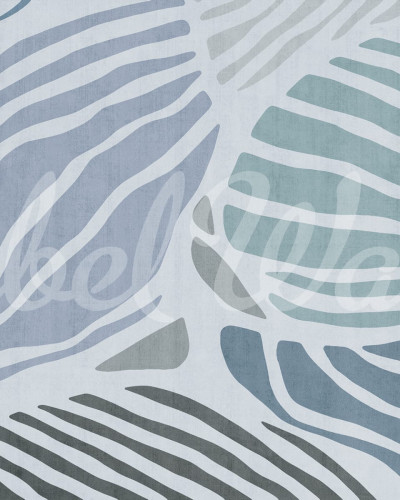 Tapet modern cu design abstract de frunze in nuante de albastru si gri, perfect pentru un living sau dormitor modern