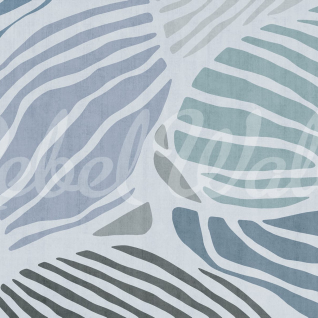 Tapet modern cu design abstract de frunze in nuante de albastru si gri, perfect pentru un living sau dormitor modern