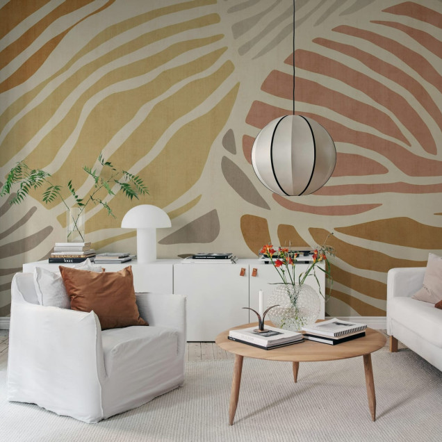 Tapet Graphic Leafs, Coral, cu design abstract cu linii curbate și texturi fine, perfect pentru un dormitor modern și vibrant.