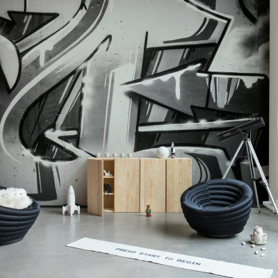 Fototapet cu design graffiti alb-negru, perfect pentru a decora un living, un dormitor sau un birou.