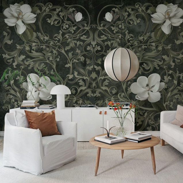 Tapet floral cu flori albe delicate pe un fundal gri, cu o textură distinctă.
