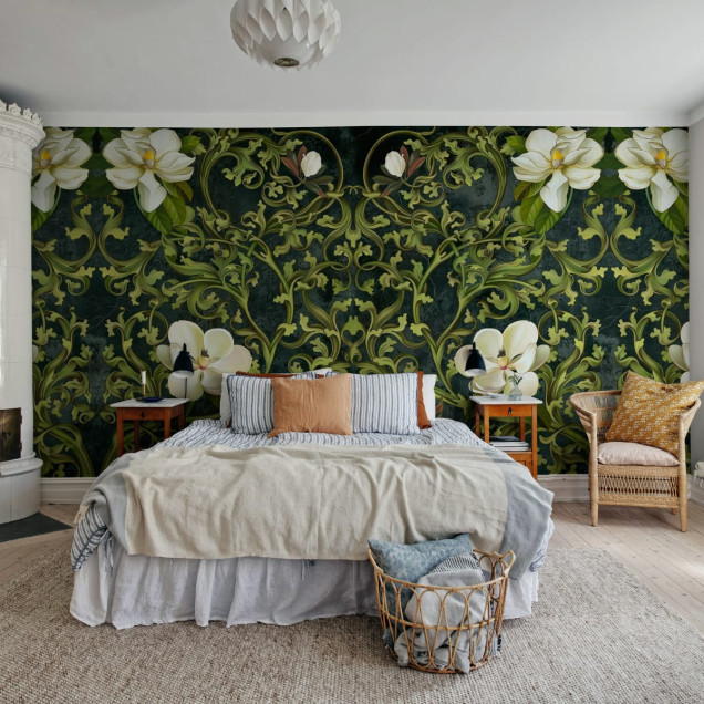 Tapet Fabulous Flowers Green cu flori albe delicate pe fundal verde
