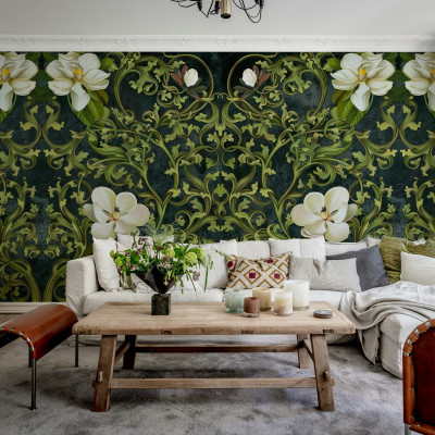 Tapet Fabulous Flowers Green cu flori albe delicate pe fundal verde