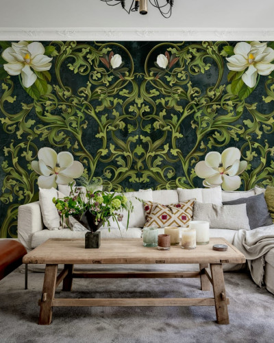 Tapet Fabulous Flowers Green cu flori albe delicate pe fundal verde