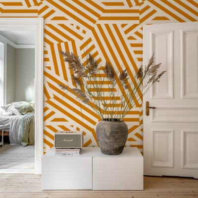 Tapet cu dungi geometrice în nuanțe de caramel și cremă, Abstract Stripes.