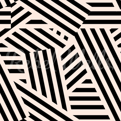 Tapet abstract cu dungi negre pe fond crem, instalat pe un perete din living