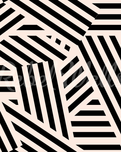Tapet abstract cu dungi negre pe fond crem, instalat pe un perete din living